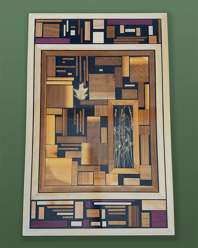 Resin table top with wood chip inlays